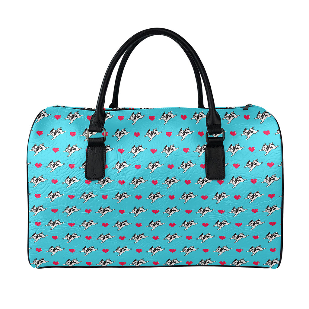 Love French Bulldog Pattern Print Leather Duffle Bag