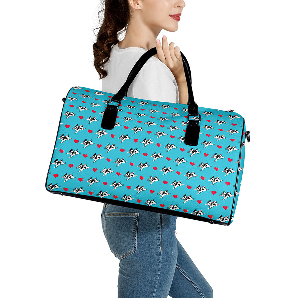 Love French Bulldog Pattern Print Leather Duffle Bag