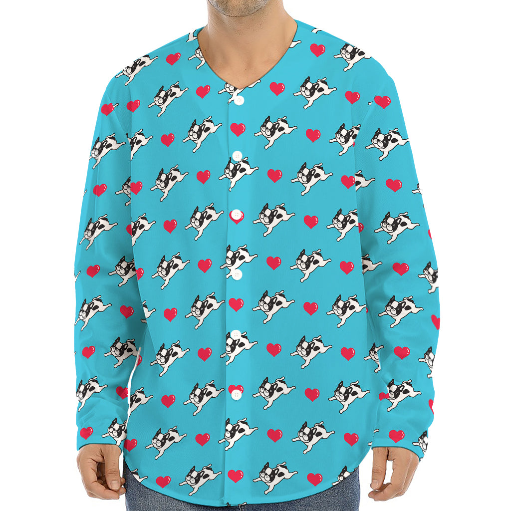 Love French Bulldog Pattern Print Long Sleeve Baseball Jersey