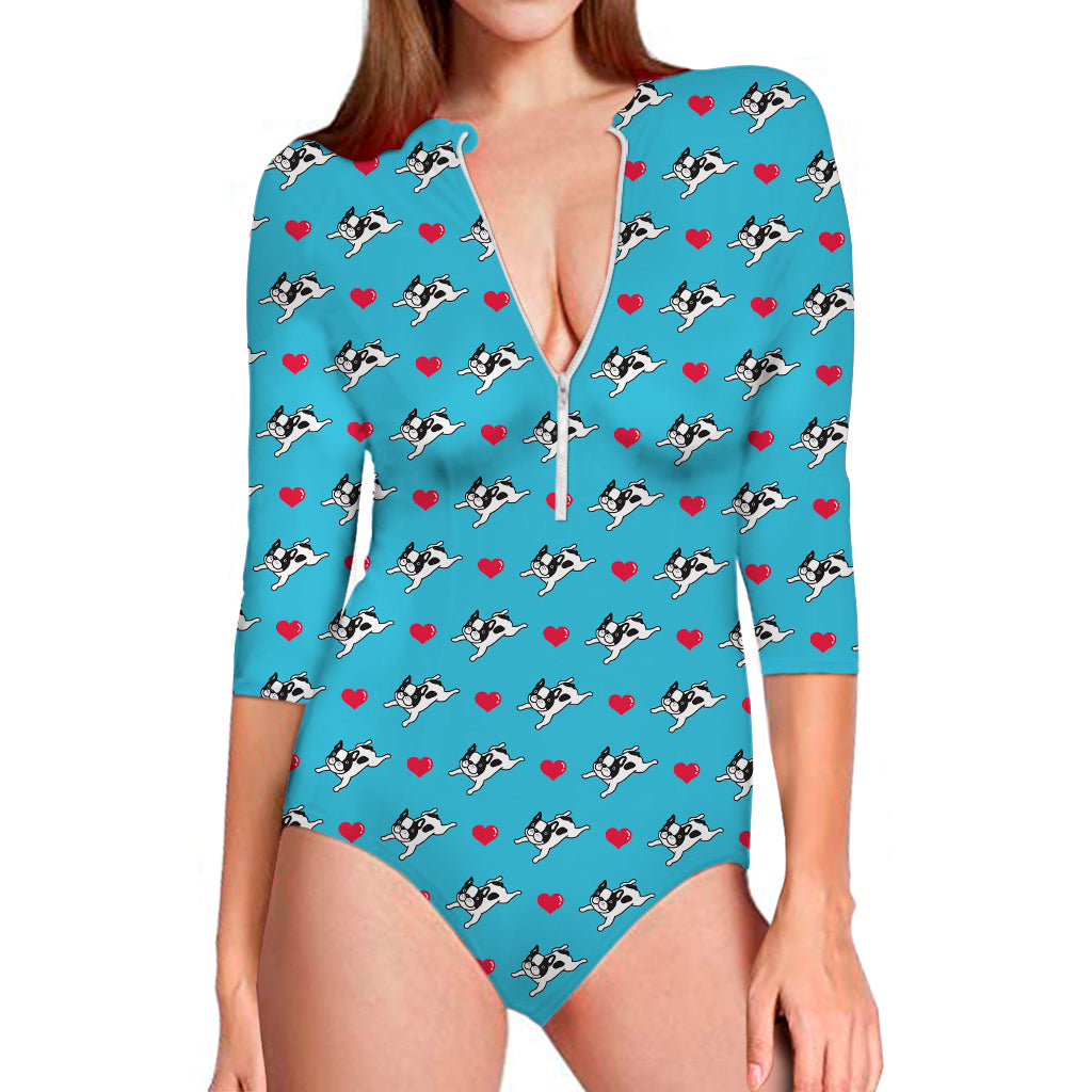 Love French Bulldog Pattern Print Long Sleeve Swimsuit