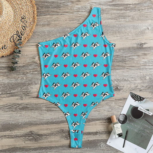 Love French Bulldog Pattern Print One Shoulder Bodysuit
