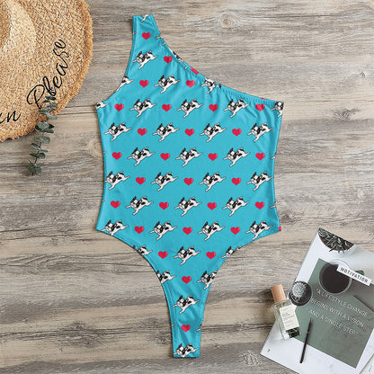 Love French Bulldog Pattern Print One Shoulder Bodysuit