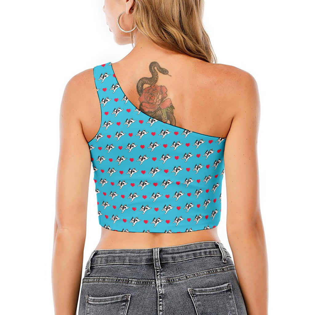 Love French Bulldog Pattern Print One Shoulder Crop Top