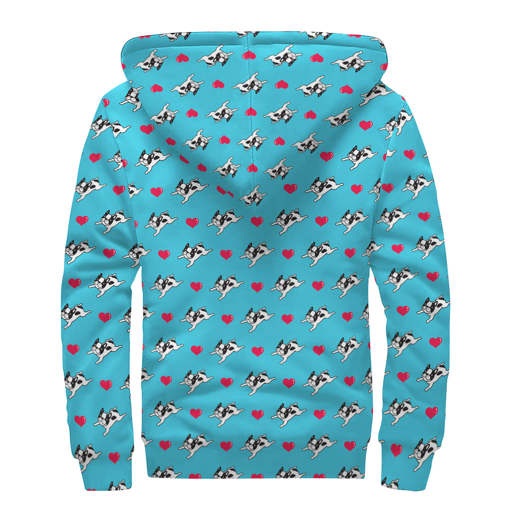 Love French Bulldog Pattern Print Sherpa Lined Zip Up Hoodie