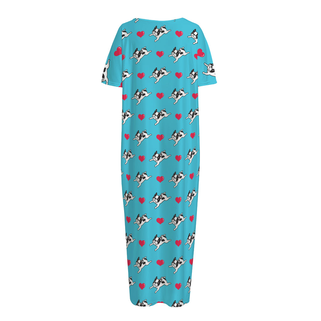 Love French Bulldog Pattern Print Short Sleeve Long Nightdress