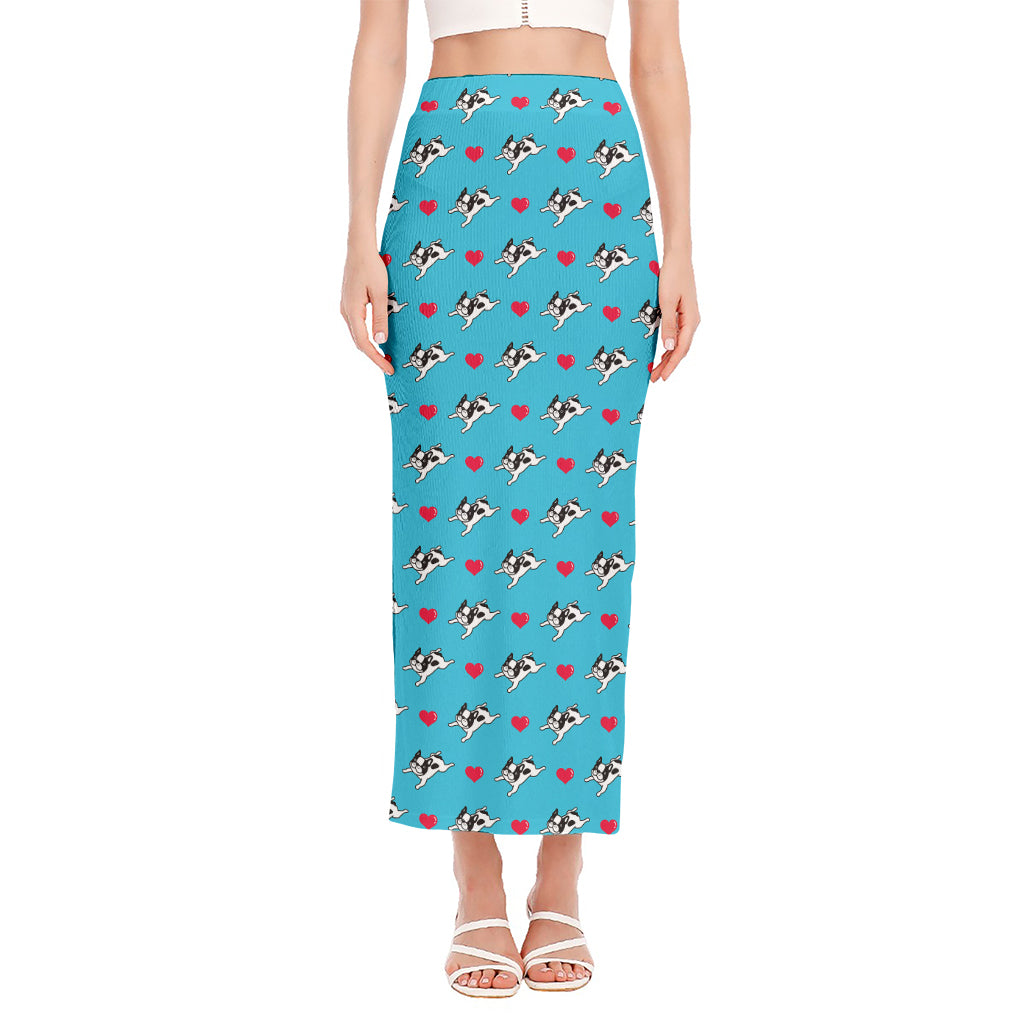 Love French Bulldog Pattern Print Side Slit Maxi Skirt