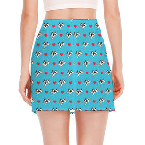 Love French Bulldog Pattern Print Side Slit Mini Skirt