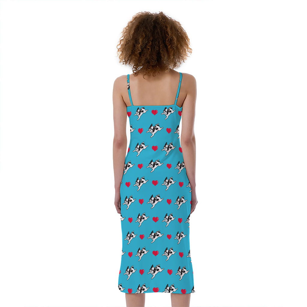 Love French Bulldog Pattern Print Slim Fit Midi Cami Dress
