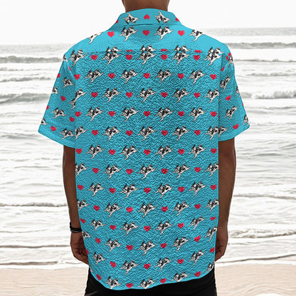 Love French Bulldog Pattern Print Textured Short Sleeve Shirt
