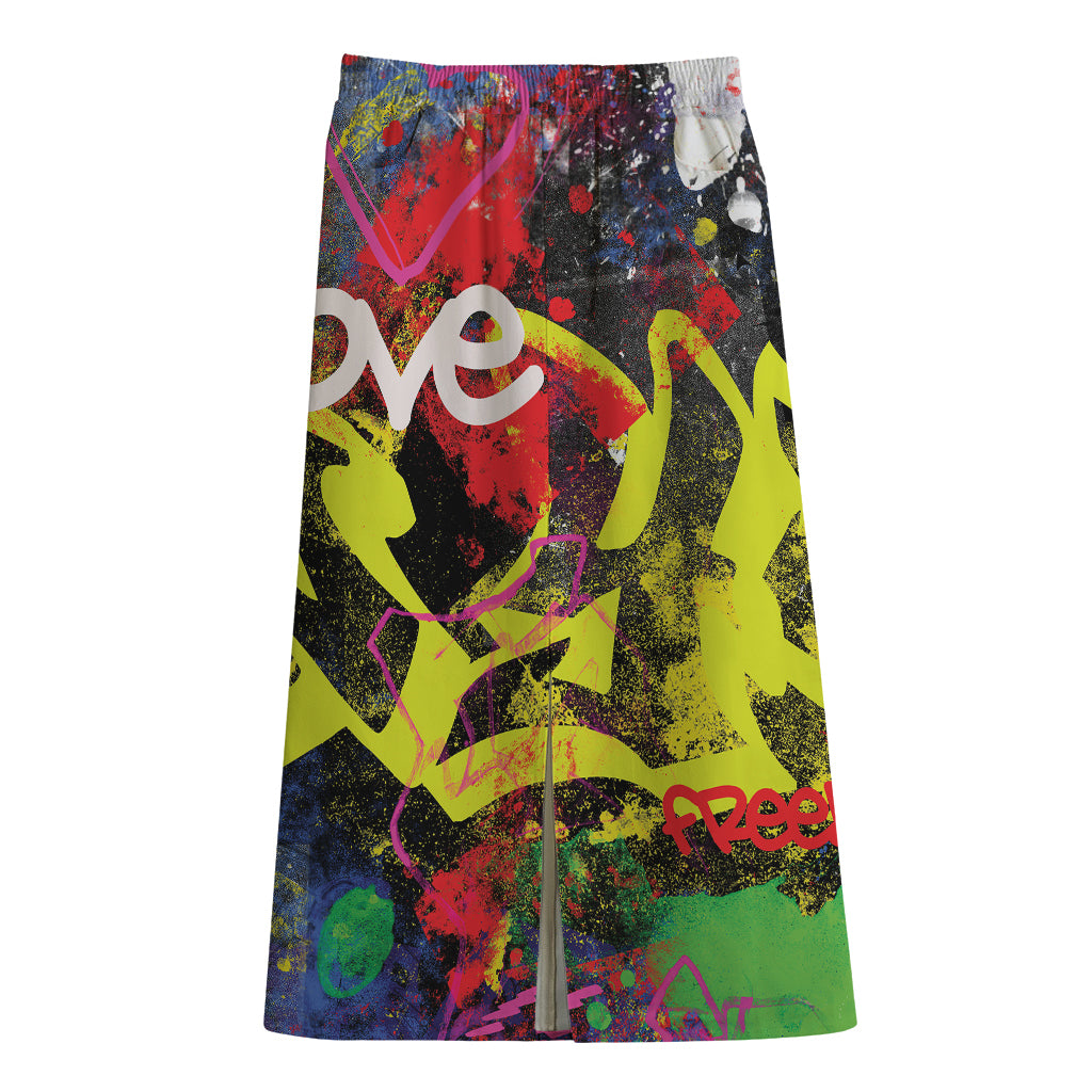 Love NYC Graffiti Print Cotton Front Slit Maxi Skirt