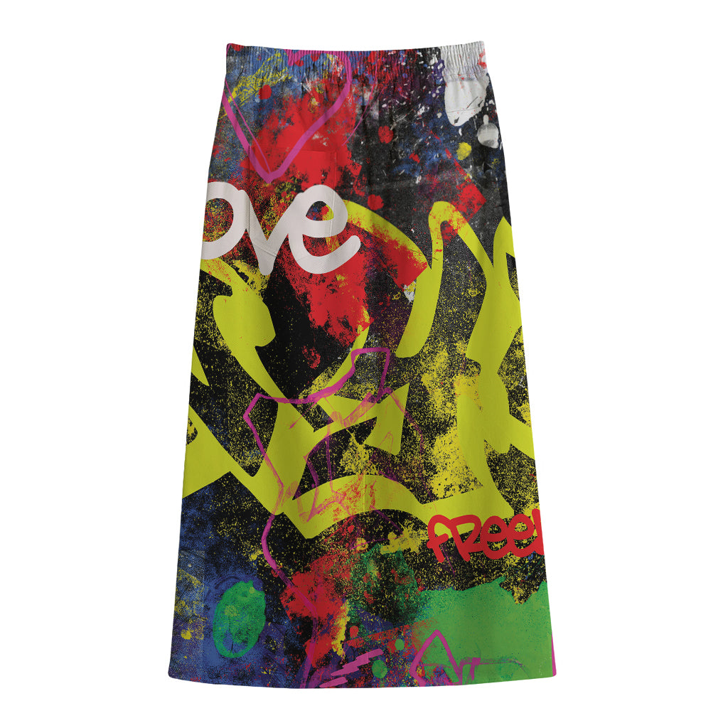 Love NYC Graffiti Print Cotton Front Slit Maxi Skirt