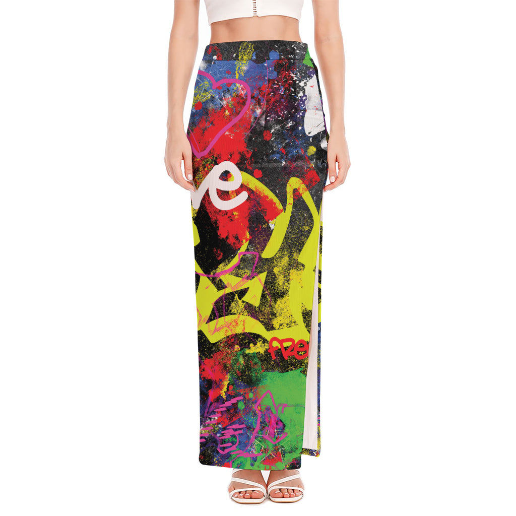 Love NYC Graffiti Print High Slit Maxi Skirt