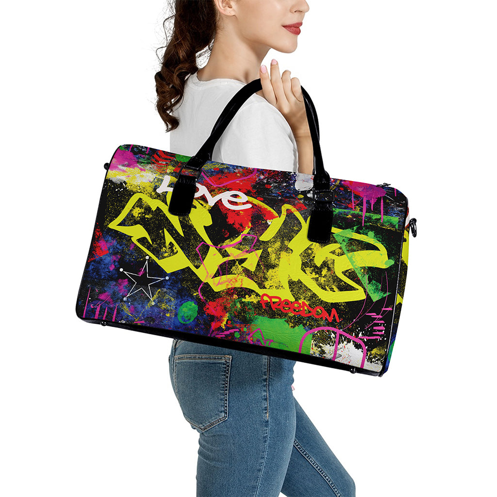 Love NYC Graffiti Print Leather Duffle Bag