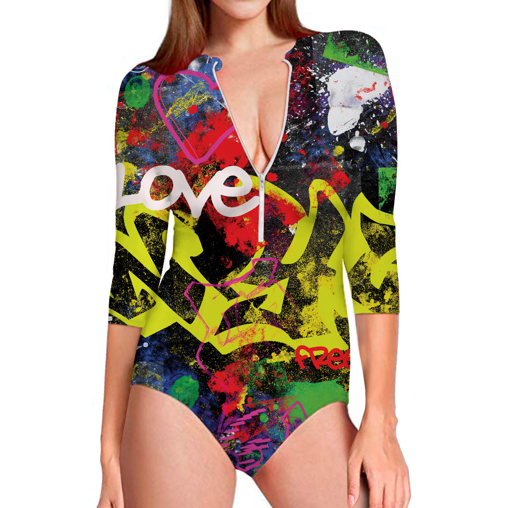 Love NYC Graffiti Print Long Sleeve Swimsuit