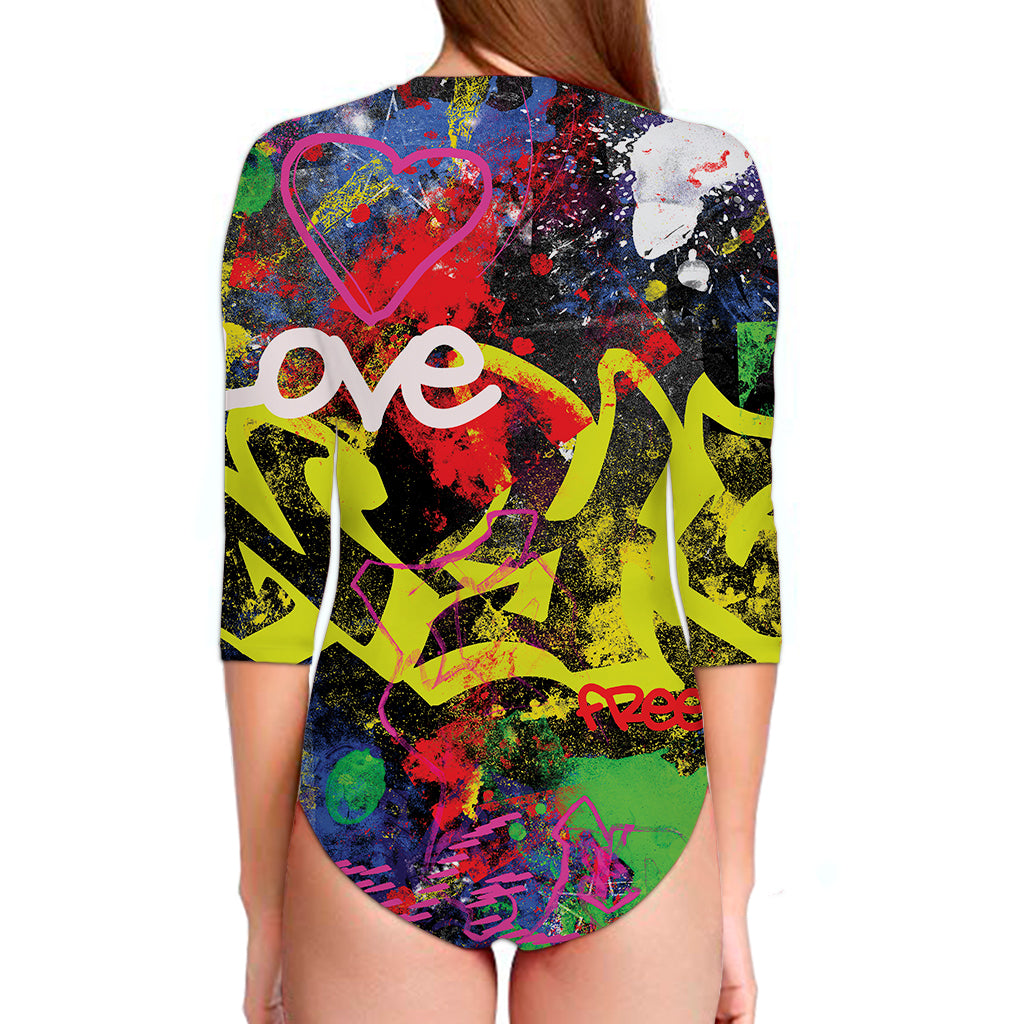 Love NYC Graffiti Print Long Sleeve Swimsuit