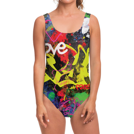 Love NYC Graffiti Print One Piece Swimsuit