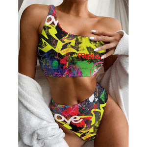 Love NYC Graffiti Print One Shoulder Bikini Top