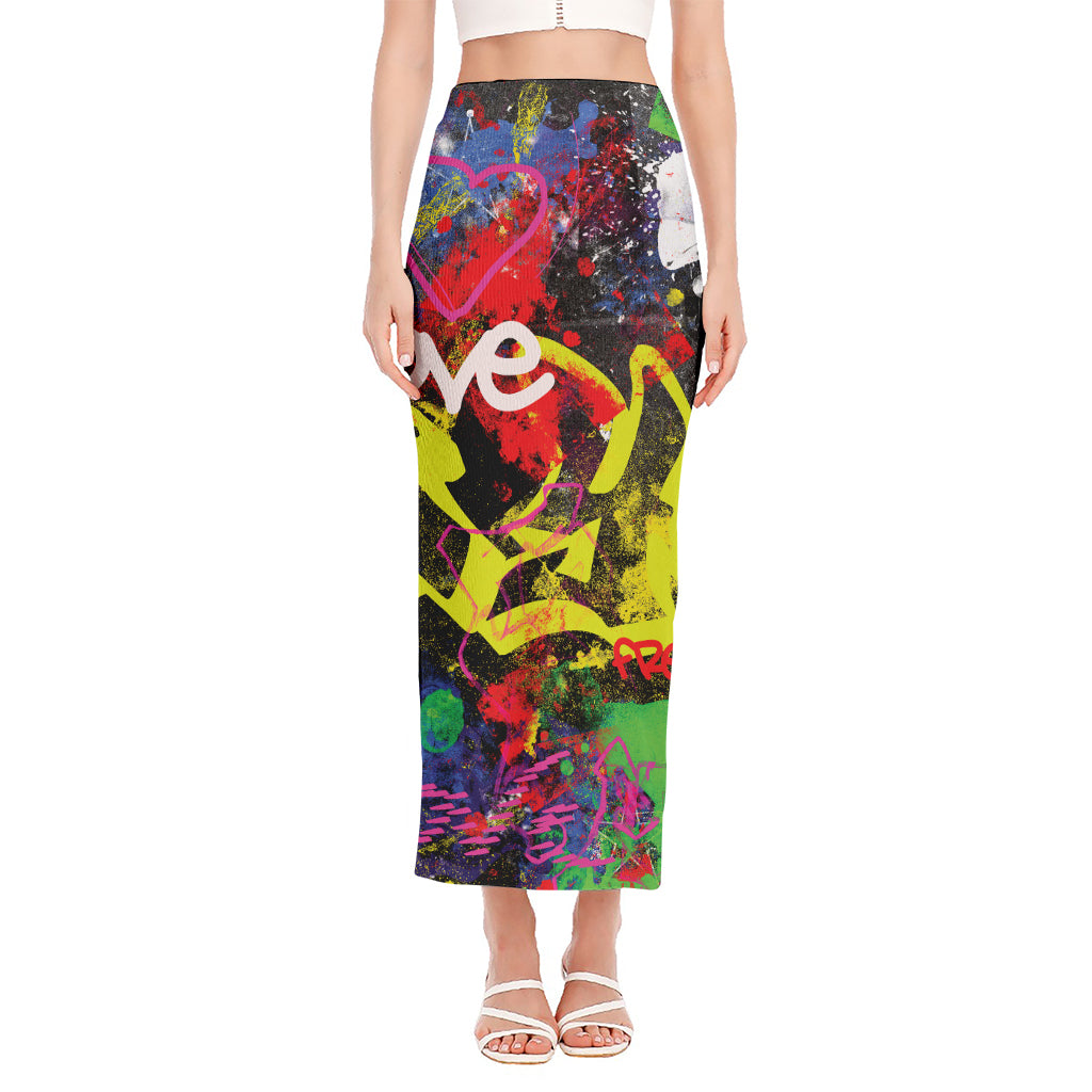 Love NYC Graffiti Print Side Slit Maxi Skirt