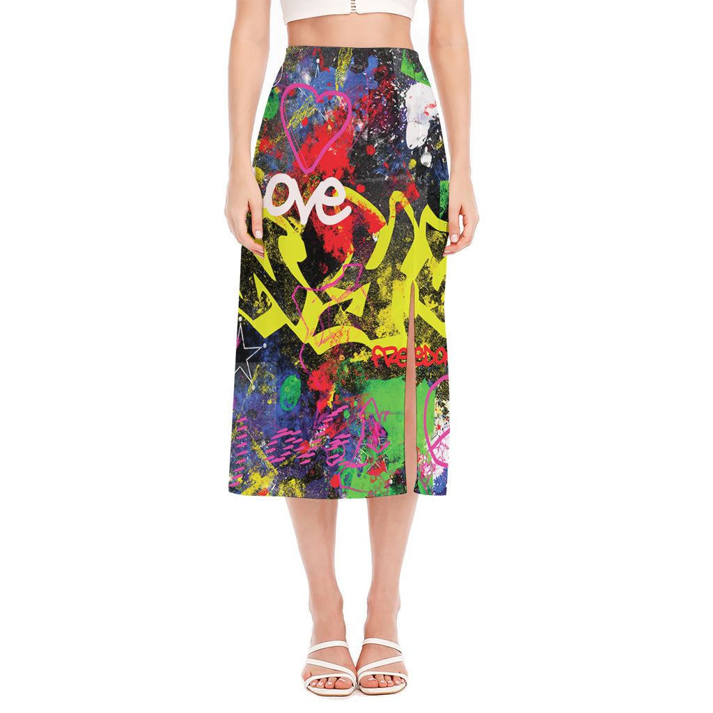 Love NYC Graffiti Print Side Slit Midi Skirt