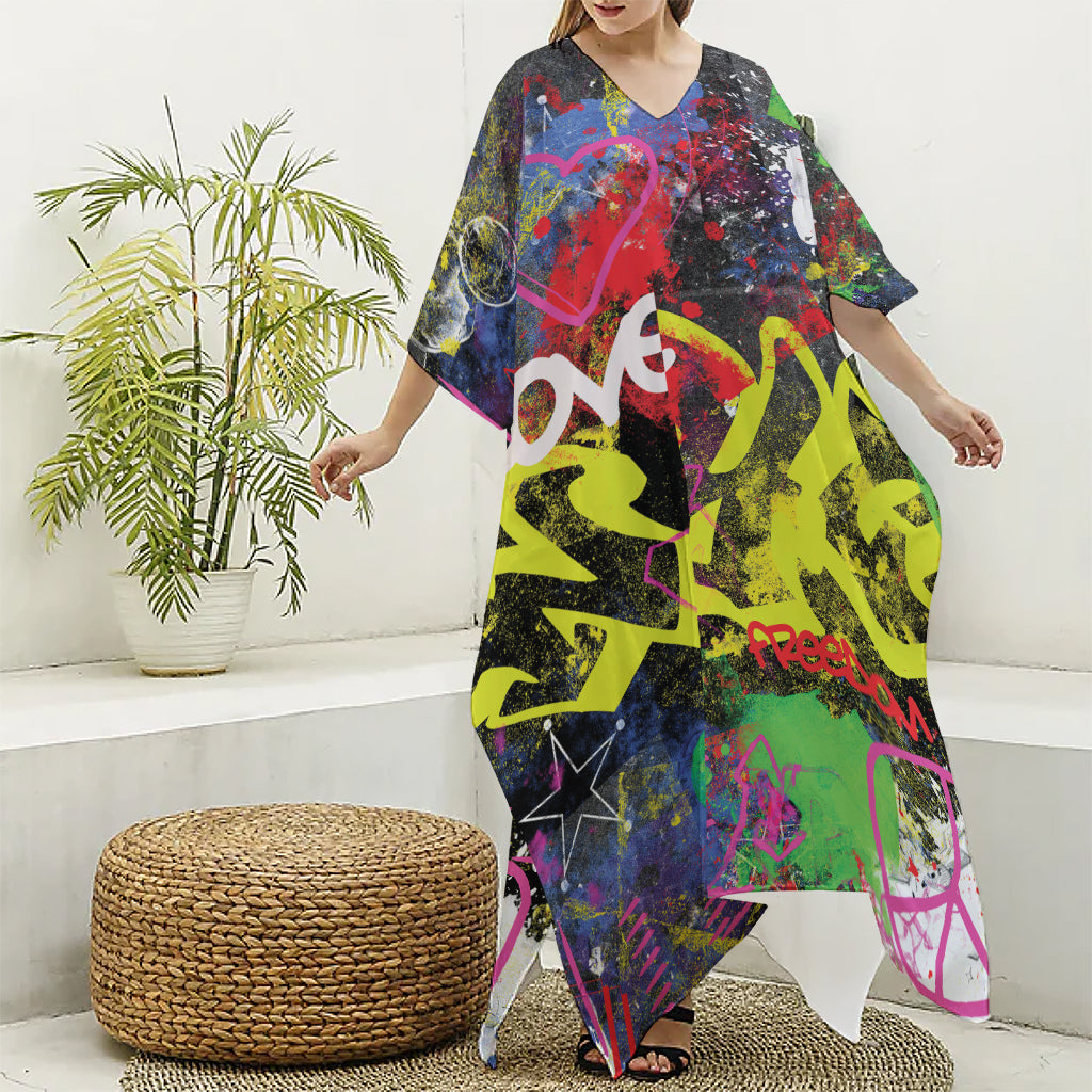 Love NYC Graffiti Print Silk V-Neck Kaftan Dress