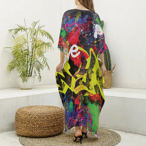 Love NYC Graffiti Print Silk V-Neck Kaftan Dress