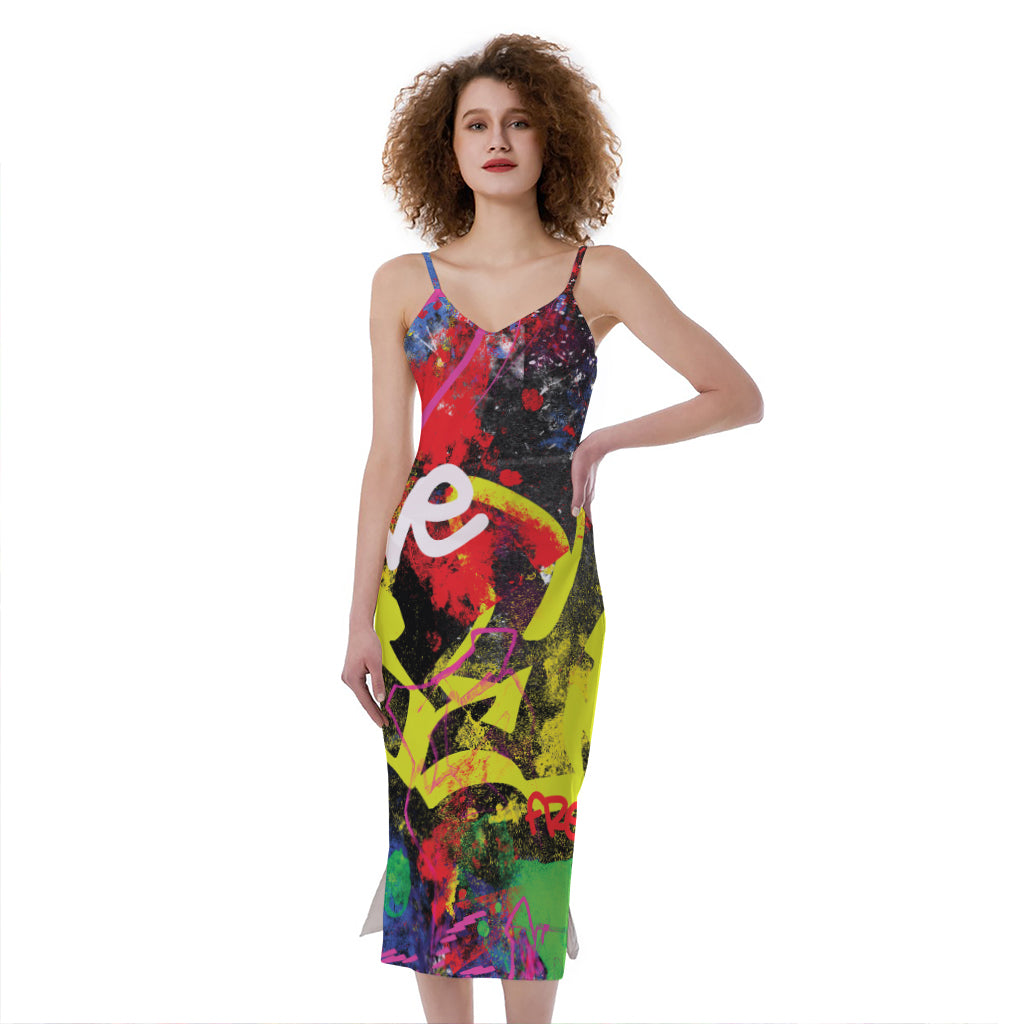 Love NYC Graffiti Print Slim Fit Midi Cami Dress