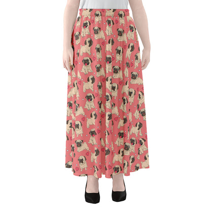 Love Pug Pattern Print Chiffon Maxi Skirt
