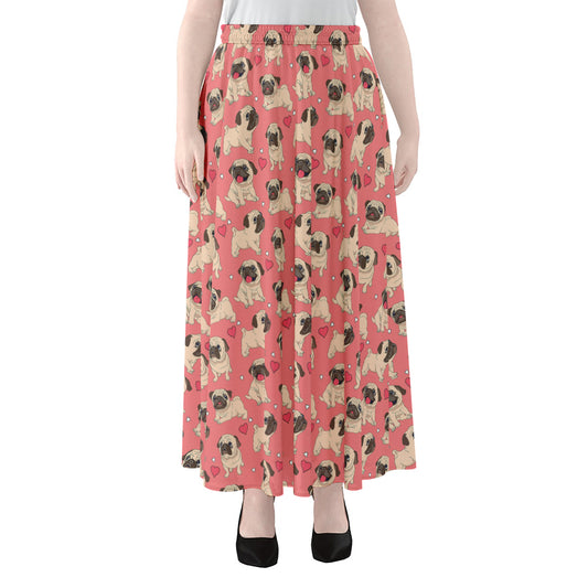 Love Pug Pattern Print Chiffon Maxi Skirt