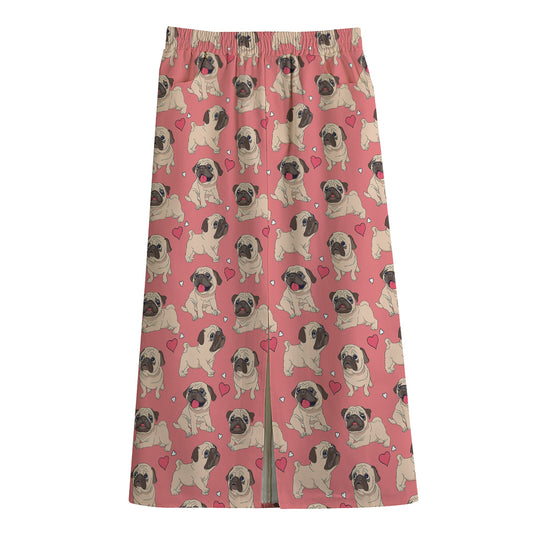 Love Pug Pattern Print Cotton Front Slit Maxi Skirt