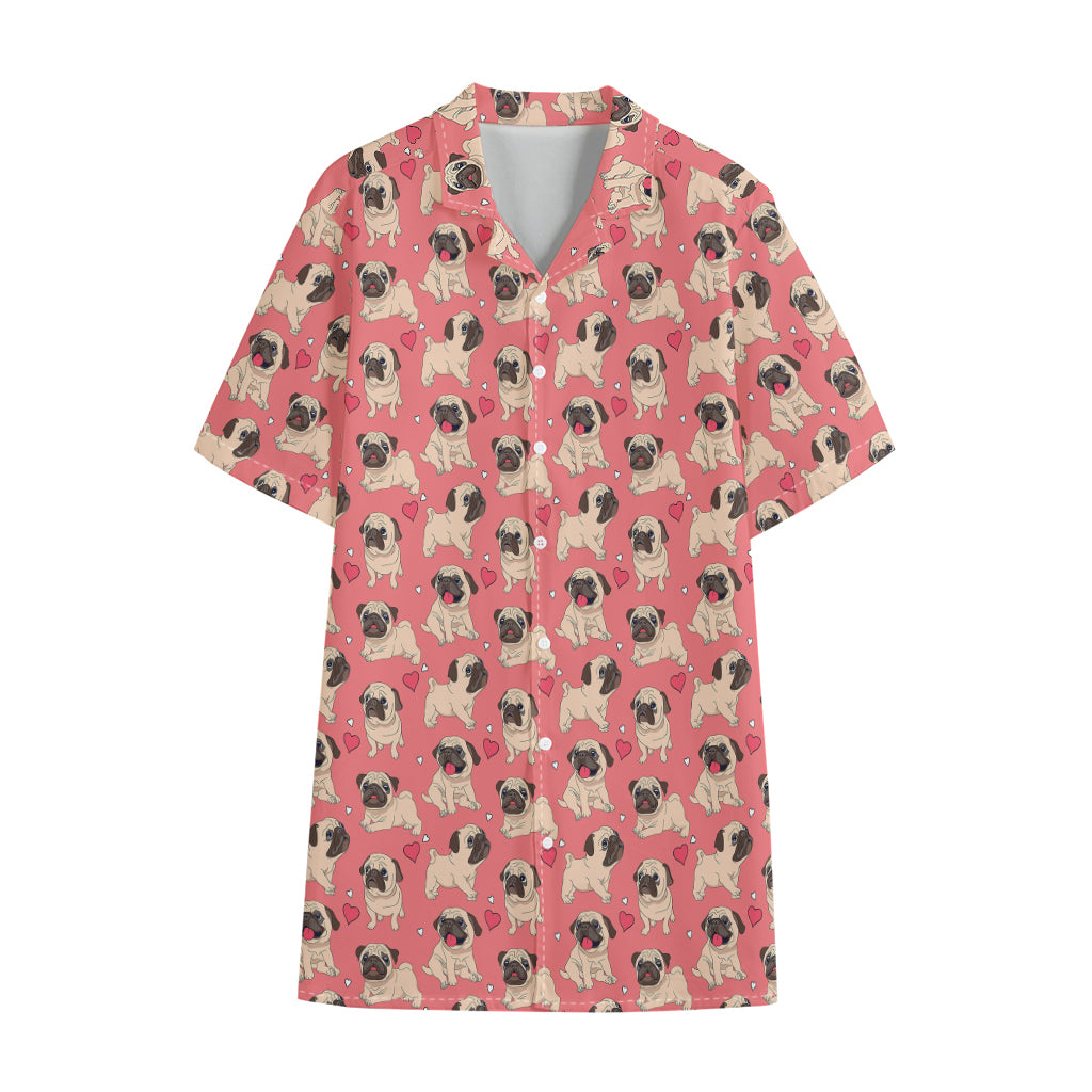 Love Pug Pattern Print Cotton Hawaiian Shirt