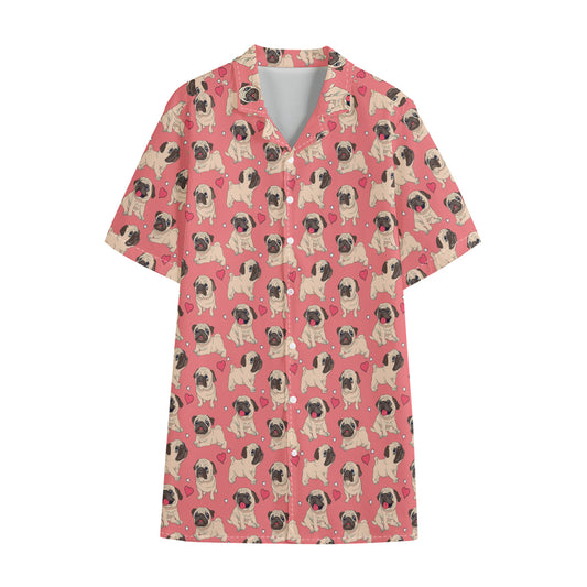 Love Pug Pattern Print Cotton Hawaiian Shirt