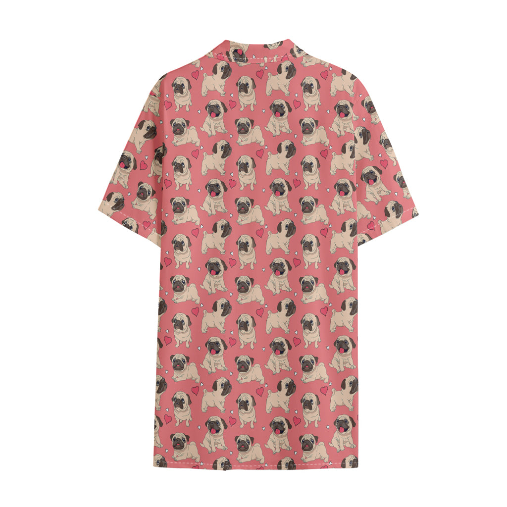 Love Pug Pattern Print Cotton Hawaiian Shirt