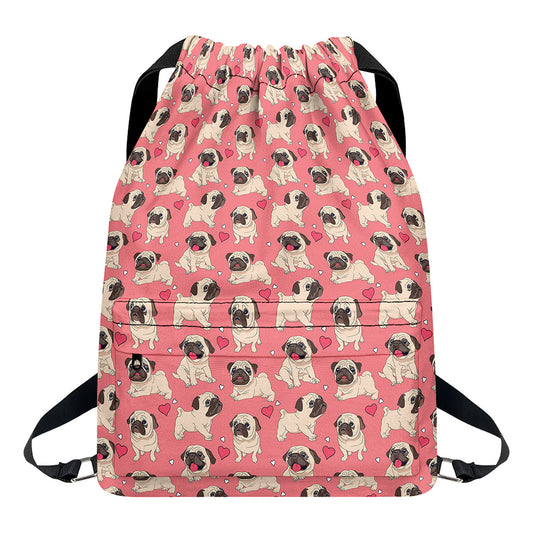 Love Pug Pattern Print Drawstring Backpack