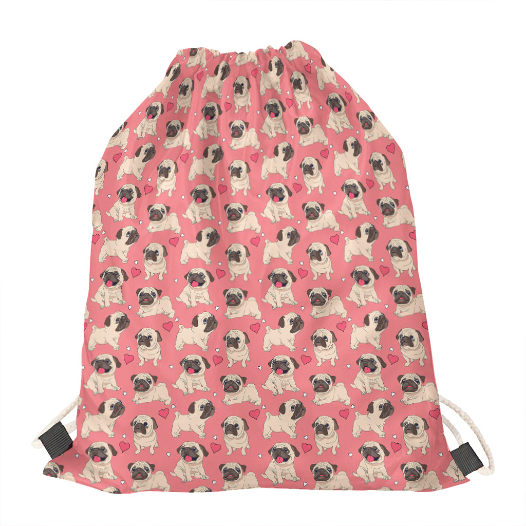 Love Pug Pattern Print Drawstring Bag