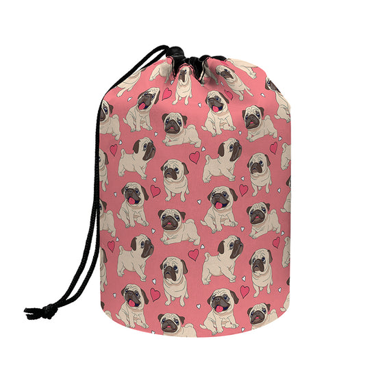 Love Pug Pattern Print Drawstring Makeup Bag