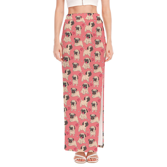 Love Pug Pattern Print High Slit Maxi Skirt