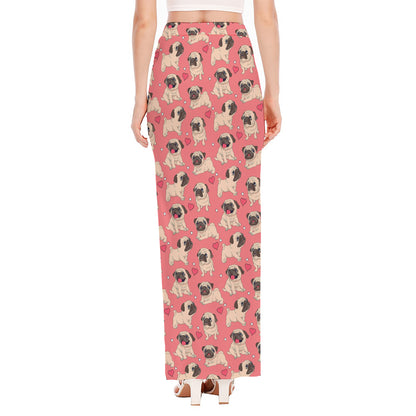 Love Pug Pattern Print High Slit Maxi Skirt