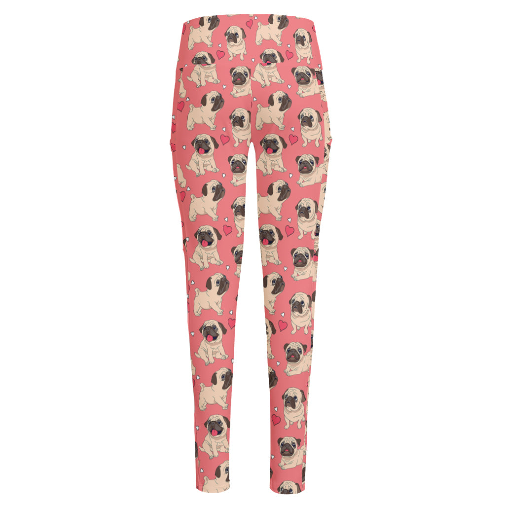 Love Pug Pattern Print High-Waisted Pocket Leggings