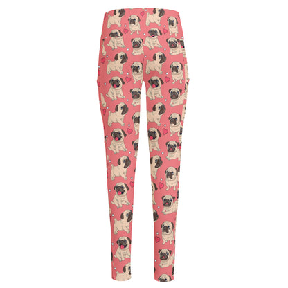 Love Pug Pattern Print High-Waisted Pocket Leggings
