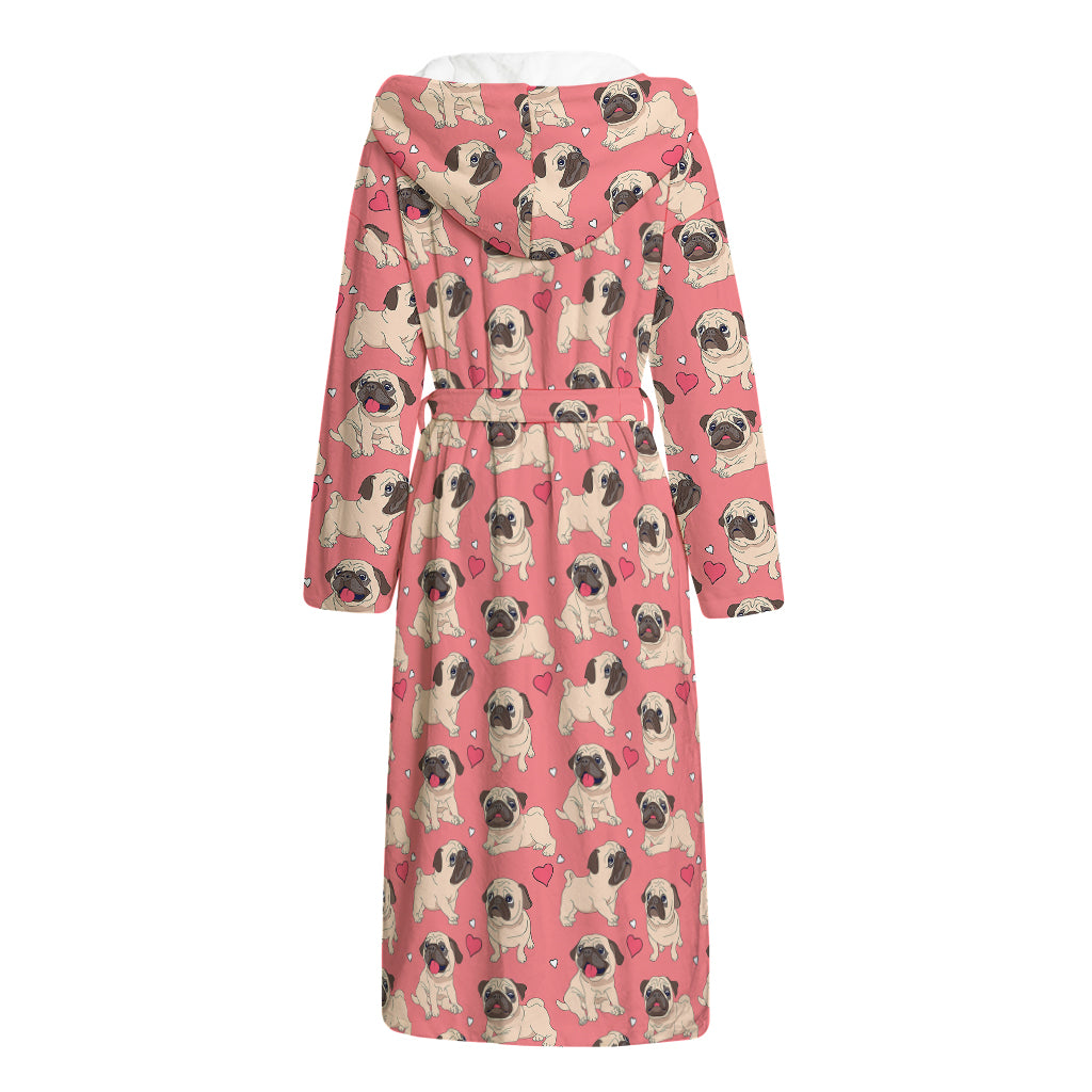 Love Pug Pattern Print Hooded Bathrobe