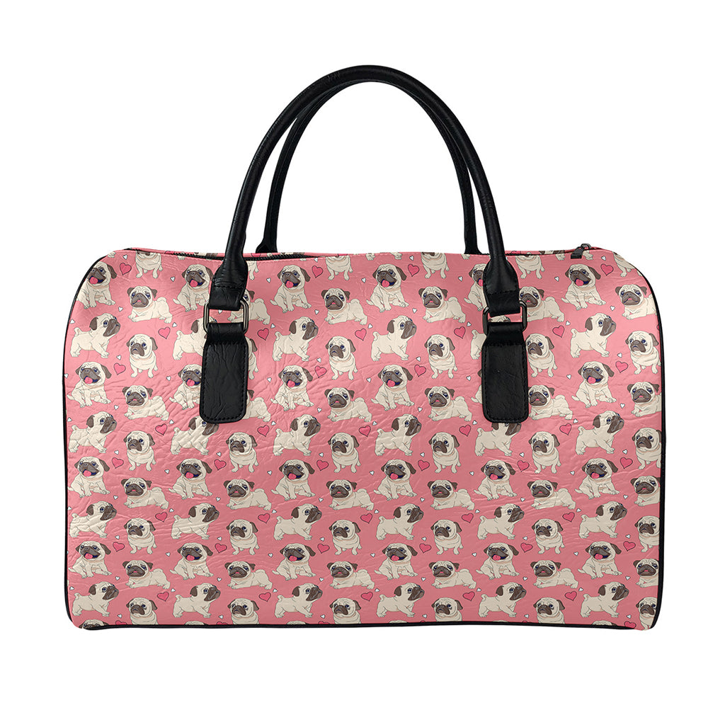 Love Pug Pattern Print Leather Duffle Bag