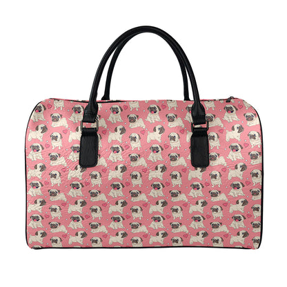 Love Pug Pattern Print Leather Duffle Bag