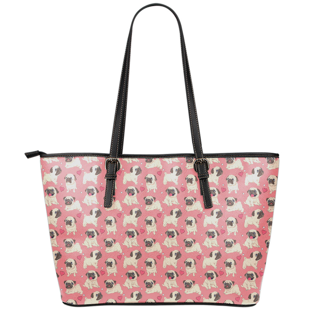 Love Pug Pattern Print Leather Tote Bag