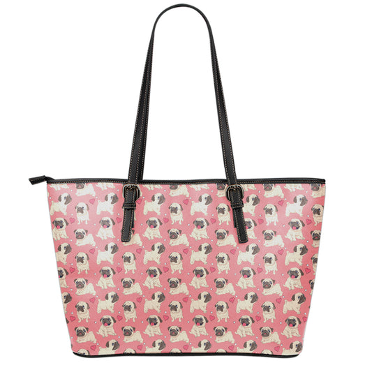 Love Pug Pattern Print Leather Tote Bag