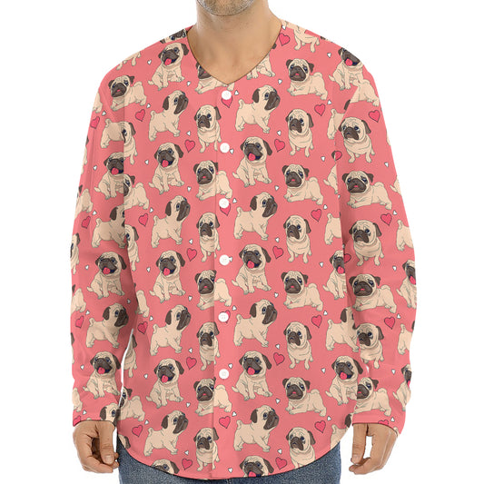 Love Pug Pattern Print Long Sleeve Baseball Jersey