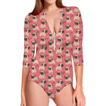 Love Pug Pattern Print Long Sleeve Swimsuit