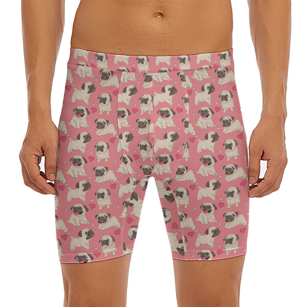 Love Pug Pattern Print Men's Long Boxer Briefs