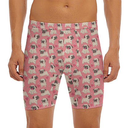 Love Pug Pattern Print Men's Long Boxer Briefs
