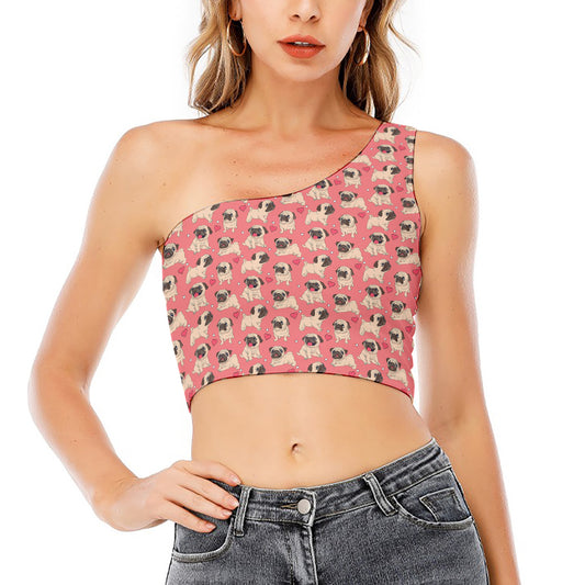 Love Pug Pattern Print One Shoulder Crop Top