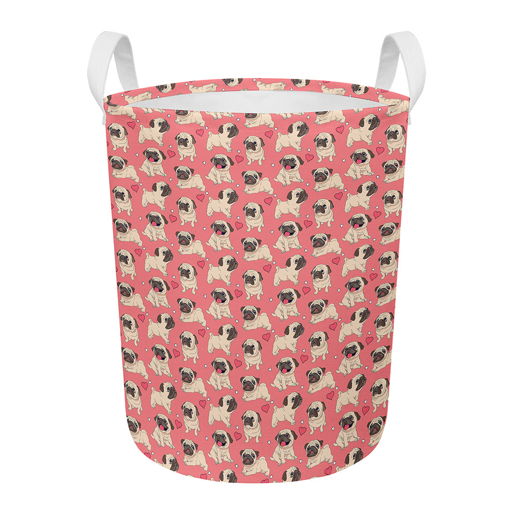 Love Pug Pattern Print Round Laundry Basket